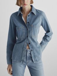 Women's Blouses 2023 Spring Ladies Retro Slim Denim Shirt Pocket Decoration Thin Tops Female Single-Breasted Long-Sleeved Blouse