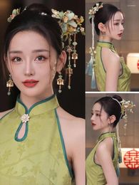 Hair Clips Classical Chinese Fresh Green Hairpin Bridal Flower Headpiece Vintage Hairwear Handmade Wedding Accessory