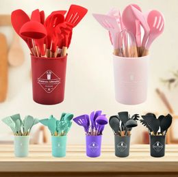 Silicone Kitchen Utensil Set 12 Pieces/lot Cooking with Wooden Handles Holder for Nonstick Cookware Spoon Soup Ladle Slotted Whisk Tongs Brush Pasta Wholesale U0411