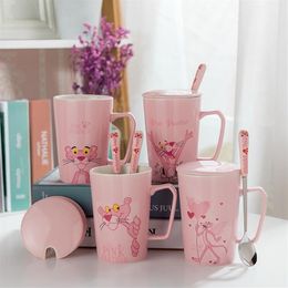 Mugs Ceramic Pink Naughty Panther Cup Cartoon Ceramics Latte Milk Juice Cups With Cover Spoon Birthday Anniversary Gifts232I
