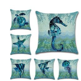 Pillow /Decorative Watercolour Sea World Cover Linen Sofa Seat Family Home Decorative Marine Life Pillowcase Throw Case