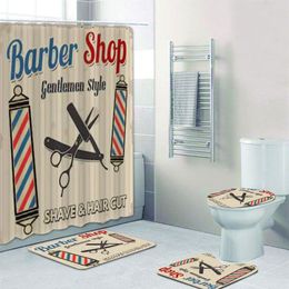 Vintage Barber Shop Shower Curtain Set for Bathroom Barber Shop Decor Toilet Bathtub Accessories Bath Curtains Mats Rugs Carpets F236o