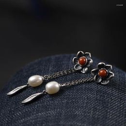 Dangle Earrings FNJ Tassel Flower 925 Silver Pure Original S925 Sterling Drop Earring For Women Jewellery Red Agate Pearl