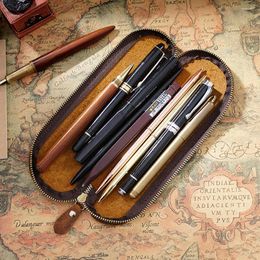 Echtes Leder Handmade Zipper Pen Pencil Bag Kleines Modell Vintage Retro Style Creative School Stationary Accessoires Großhandel