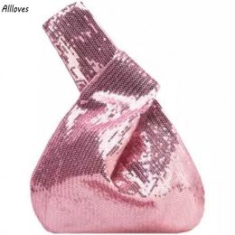 Blingbling Pink Sequined Handle Bag Women Girls Glitter Small Purses Wrist Knot Bag Reversible Wedding Evening Clutch Formal Occasion Party Purses Handbag CL2914