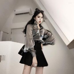 Women's Blouses Spring Silver Grey Transparent Long Sleeve Shirts Women All-match Fashion Tops Female Chic Loose Cardigan Clothing