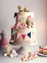 Festive Supplies Children's Cake Topper Pink Blue Bow Bear Train Boy Baby Girl First Birthday Baptism Gender Reveal Decoration Insert