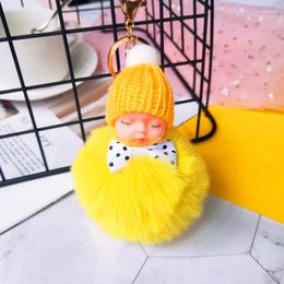 Keychains Faux Fur Pompom Bowknot Sleeping Baby Keychain Bag Handbag Phone Charm Doll