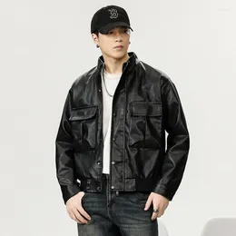 Men's Jackets High Quality Men Black Waterproof Leather Coat Loose Stand-up Collar Bomber Big Pocket Windbreaker