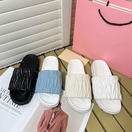 miui Top Fashion Quality matelasse slippers women platform Sandals Genuine Leather Slides Summer Flat Shoes Thick Bottom Lambskin Mules Ladies Beach Sliders