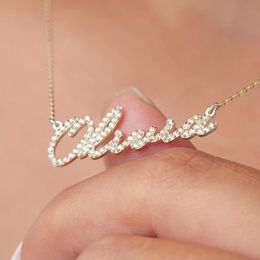 Pendant Necklaces Personalised Custom Diamond Name Necklace Handwritten Crystal Pave Nameplate Pendant Ideal Jewellery Gifts 3 Colours for Her 231110