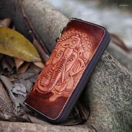 Wallets 2023 Luxury Women Wallet Vintage Handmade Genuine Leather Carved Men Long Cowhide Card Holder Phone Purses