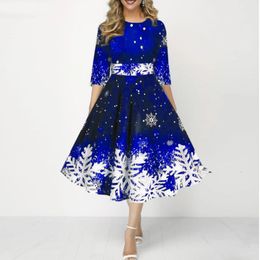 Basic Casual Dresses Christmas Woman's O-Neck 3/4 Sleeves Waist Tight High-Waist Christmas Dress Xmas Snowflake Print Large Hem A-Line Midi Dress 231110