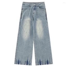 Men's Jeans Straight Men'sDistressed Washed Cotton Wear-Resistant Loose Casual Fashion Design Side Zipper Retro Draping Trousers