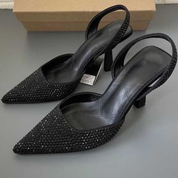 New Sandals Luxury High Heels Women Black Rhinestone Pumps Woman Shimmery Slingback Heeled Ladies Pointed Toe Party 230406