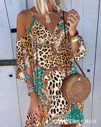 Casual Dresses Leopard Print Cold Shoulder Dress Women V Neck Fashion Spring Summer Mini Sexy