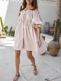 Casual Dresses Women Summer Mini Dress Solid Colour High Waist Elegant Off Shoulder Boat Neck Puff Sleeve Sweet Fashion