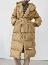 Women's Down Parkas Janveny Oversized Hooded Winter Puffer Jacket Women Solid Thick Warm Sashes Tie Up White Duck Down Over The Knee Coat 231110