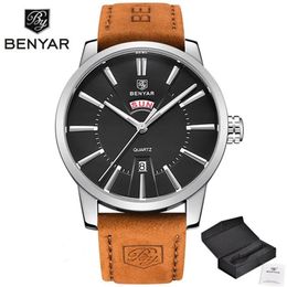 Wristwatches 2023 BENYAR Men Sport Watches Men's Quartz Clock Man Army Military Leather Blue Wrist Watch Relogio Masculino