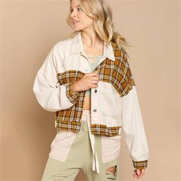Women's Jackets Autumn Winter Loose Patchwork Denim Jacket Long Sleeve Classic Plaid Cheque Button Lapel Short Coat Comfortable Outfit