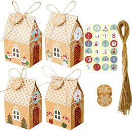 96pcsset Christmas House Shape Candy Gift boxes with Kraft Paper Tag and Sticker Christmas Decoration for Home Gift Packing bag 20294G