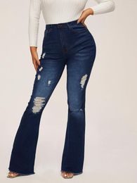 Women's Jeans Women Ripped High Waist Flared Summer Washed Hole Elasticity Denim Trousers Y2k Casual Bottoms For Ladies