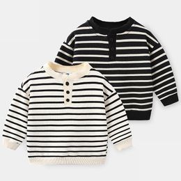 T-shirts Spring and Autumn 2-10 Year Old Children's Long Sleeve White Button Crew Neck Stripe Sweatshirt 230412