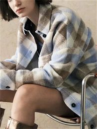 Women's Jackets Women Contrast Colour Plaid Wool Blend Jacket 2023 Winter Turn Down Collar Lady Long Sleeve Single Breasted Mid-Length Coat