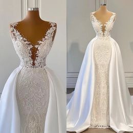 Elegant Mermaid Lace Wedding Dresses With Detachable Train Beaded Applique Bridal Gowns Arabic Dubai Custom Made Vestidos De Novia 0516