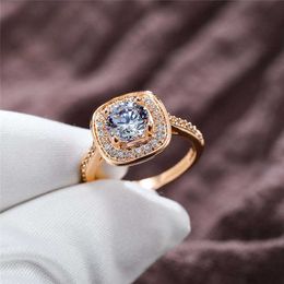 Band Rings Vintage Female Crystal Big Square Rings For Women Rose Gold Colour Round White Zircon Stone Wedding Bands Promise Engagement Ring AA230412