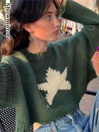 Женские свитера для девочек, милый укороченный топ Kwaii со звездами, женский свитер, осенний темно-зеленый укороченный топ, женская зимняя футболка