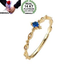 Cluster Rings OMHXZJ Wholesale European Fashion Woman Girl Party Wedding Gift Blue Topaz Zircon 14KT Yellow Gold Ring RR799