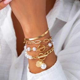 Charm Bracelets Punk Unique Baroque Pearl Chain Bracelet Set For Women Wedding Bridal Vintage Big Coin Open Bangles Couple Hand Jewellery