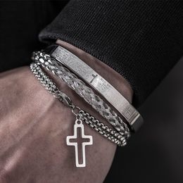 Charm Bracelets Luxury 3pcsSet Stainless Steel Cross Bracelet Men Jewellery Charm Open Brangle Carving Spanish Scripture Pulseira Bileklik 230412