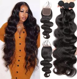 SALE Body Wave Bundles mit Verschluss für schwarze Frauen 100 % unverarbeitetes reines brasilianisches Körperwellen-Menschenhaar 3 Bundle und 4X4 Lace Closure Free Part Hair Goals