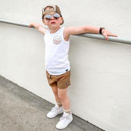 Clothing Sets Toddler Boys Clothes Suits Summer Letter Print Crew Neck Sleeveless Tank Tops Solid Color Elastic Waist Soft Shorts 2Pcs Set