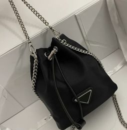 Women Designer Mini Drawstring Bucket Nylon Bags Black With Triangle Badge Timeless P Silver Metal Chain Crossbody Shoulder