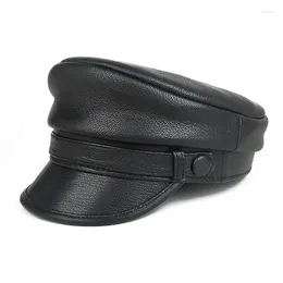 Berets Genuine Leather Motorcycle Hat Sheepskin Sailor Captain Men's Spring Autumn Winter Flat Top