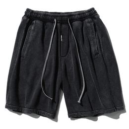 Men's Shorts Summer Distressed Shorts Men's Japanese Wash Vintage Street Clothing Black Loose Relaxed Stretch Elastic Waist Shorts 230412