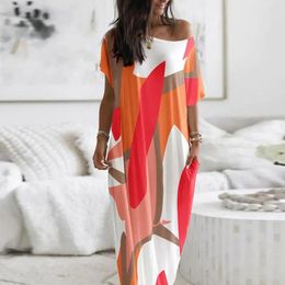 Casual Dresses Printed Floor-length Skirt Polyester Lazy Style Long Skirts Round Neck Short Sleeve Loose Fashion S-XXL For Seaside Travel