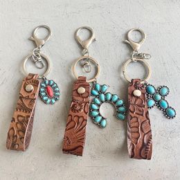 Keychains Vintage Embossed Cowhide Keychain Western Style Turquoise Pumpkin Flower Pendant Textured JewelryKeychains Forb22