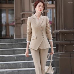 Women's Two Piece Pants Women High Quality Asymmetric Formal Pant Suit 5XL Fashion Beige Khaki Blazer 2 Set OL Ladies Winter Jacket With