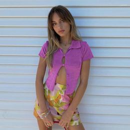 Women's Blouses Women Summer Crop Tops Vintage Solid Short Sleeve Lapel Button Down Cardigan Ladies Y2k Streetwear Casual Cropped T Shirt
