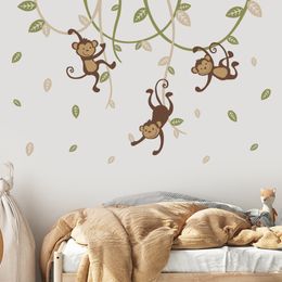 Wall Decor Boho Monkey Hanging on Branch Leaves Jungle Sticker Nursery Vinyl Decal Boys Baby Bedroom Playroom Interior Home 230411