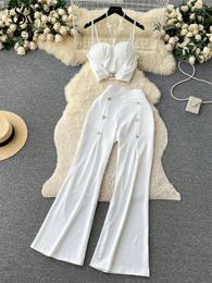 Women's Two Piece Pants SINGREINY Fashion Sweet Office Lady Suits Strapless Halter Top Beading Zipper Micro Flared Long Loose Pieces Sets