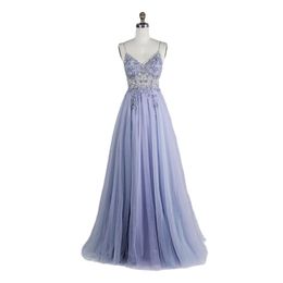 Beaded Crystal Prom Dresses Long Sexy See Through A-Line Split Tulle V Neck Spaghetti Strap Evening Formal Gown