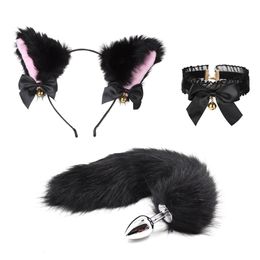 Adult Toys Anal Sex Tail Butt Plug y Plush Cat Ear Headband With Bells Necklace Set Massage toys For Women Couples Cosplay 230411