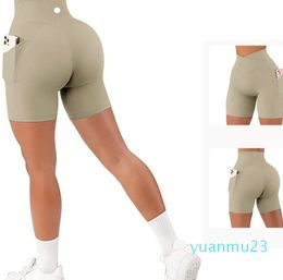 LL Yoga Shorts Ribber Women's Sports Cross Waist Pants With Pockets Running Fitness Stretchy Gym Underwear Workout Short Leggings