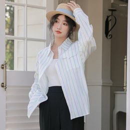 Women's Blouses Loose Women Tops Cardigan Green Striped Shirt Female 2023 Spring Autumn Long Sleeves Blusas Femininas Elegantes 232A