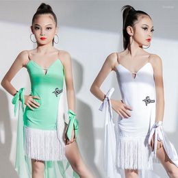 Stage Wear Girls Latin Dance Competition Dress Kids Costume Green White Fringe Ballroom Performance Clothes BL10285